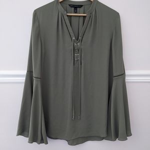 WHBM olive green top w/ bell sleeves